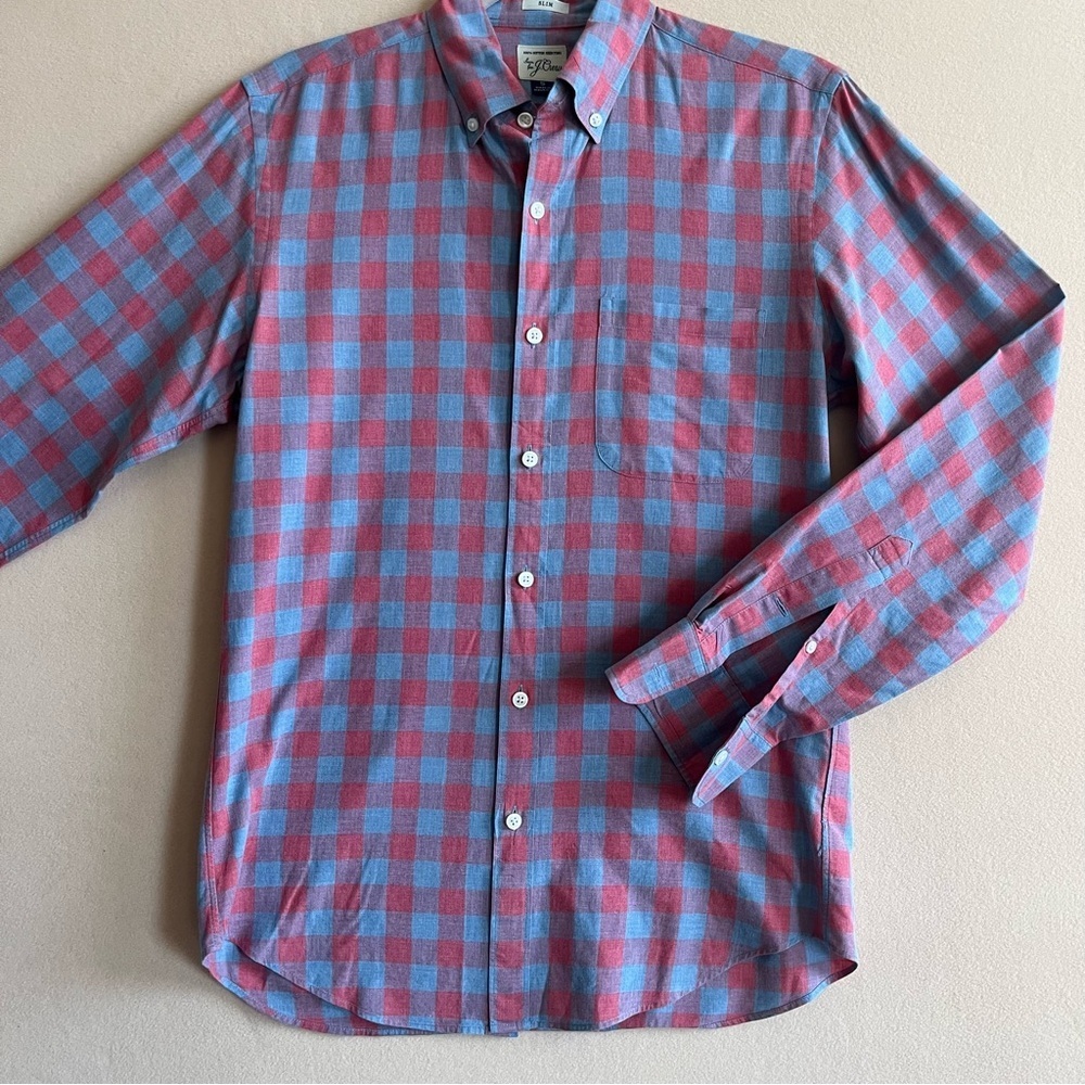 JCrew Men’s Casual Button‎ Down Red and Blue Check Shirt Slim Fit size Small